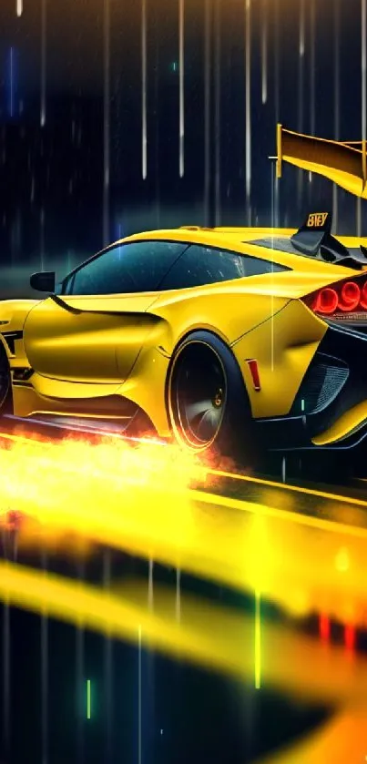 Sleek yellow sports car in rain with dynamic design.