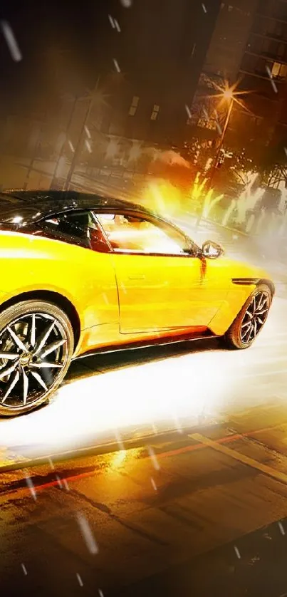 Yellow sports car speeding through city streets at night.