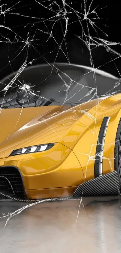 Yellow sports car with cracked glass effect on a mobile wallpaper.