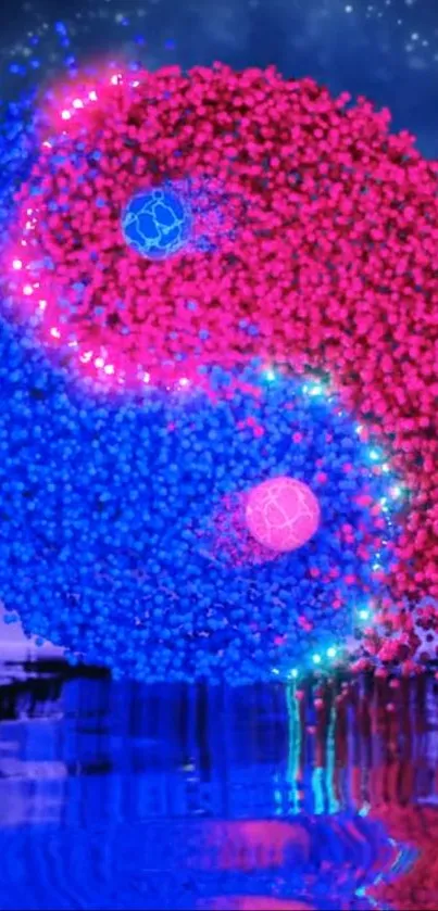 Vibrant yin yang abstract with blue and pink particles reflecting on water.