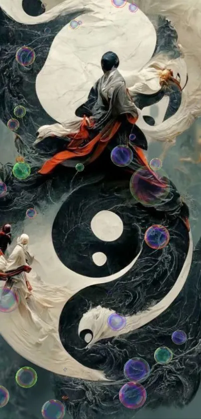 Dynamic Yin Yang design with bubbles and robed figures.