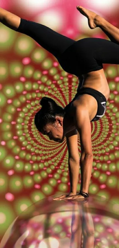 Dynamic yoga pose with spiral background on mobile wallpaper.