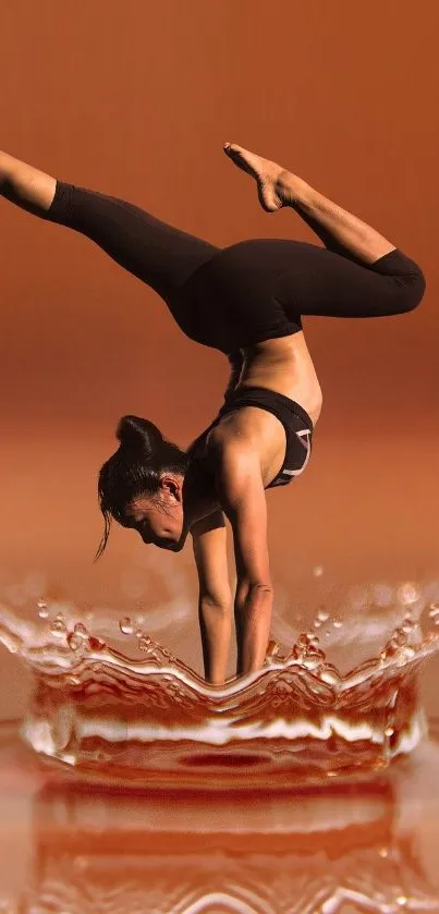 Yoga pose over water splash on orange background wallpaper.