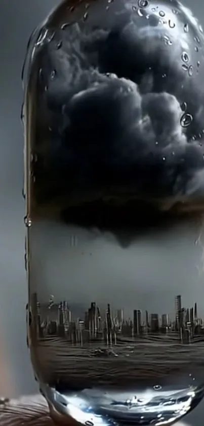 Dystopian cityscape in raindrop with clouds.