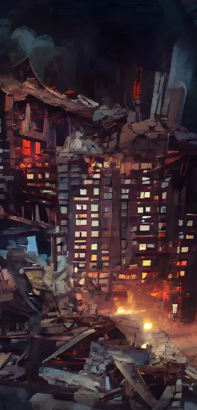 Dystopian cityscape with a collapsed illuminated building.