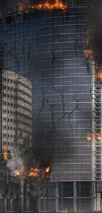 Dystopian city with burning skyscrapers.