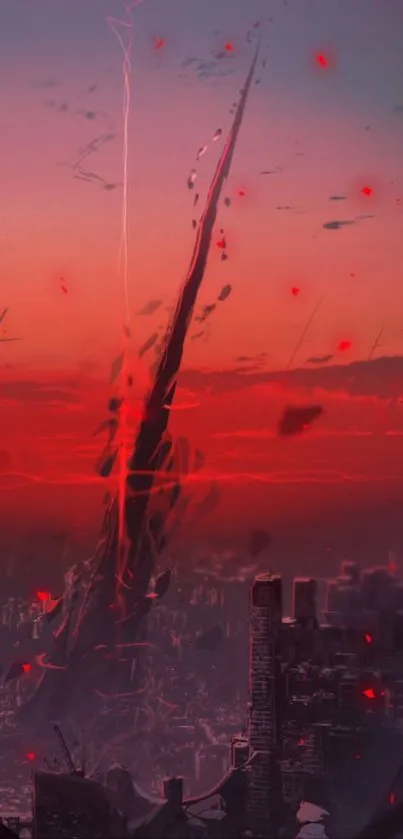 Dystopian city with red sunset and shadowy skyline.