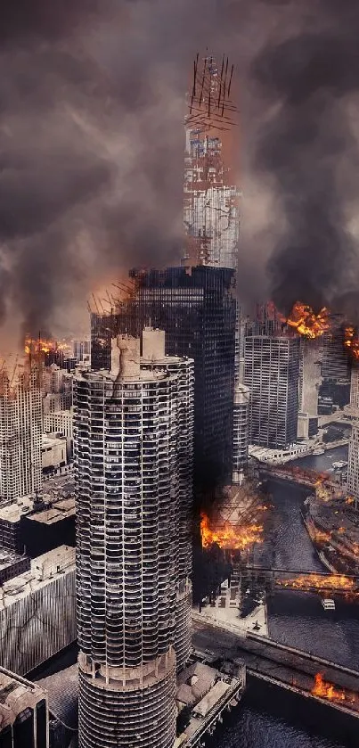 Dramatic dystopian cityscape with skyscrapers in smoke and flames, perfect for wallpaper.