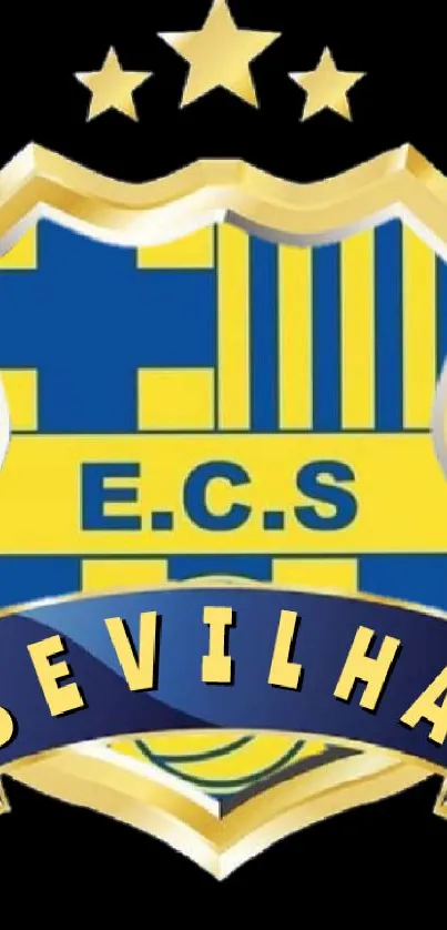 E.C.S Sevilha crest with gold stars and wings on wallpaper.