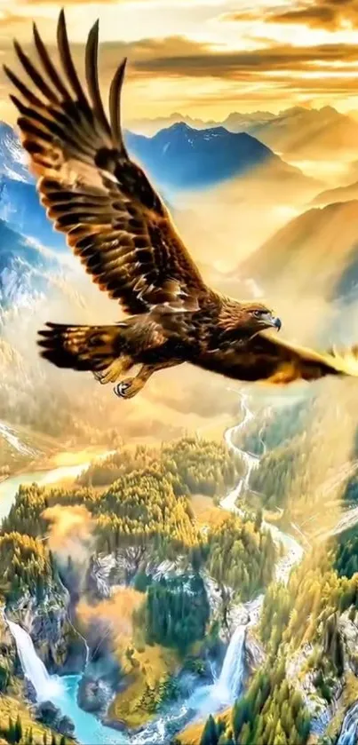 Eagle soaring over sunlit mountains.