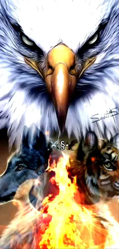 Eagle, wolf, and tiger illustrated in fiery artistic style.