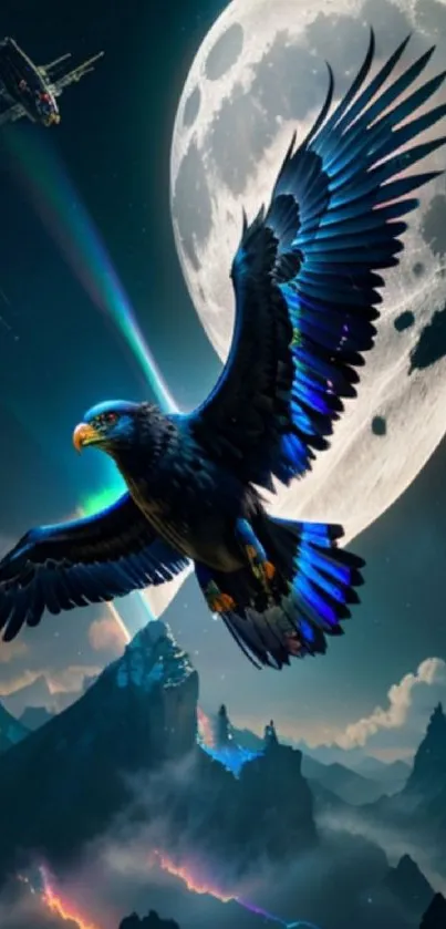 Majestic eagle flies under a bright moon over mountains.
