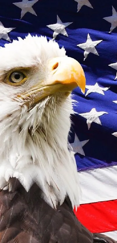 Bald eagle with American flag background, showcasing patriotism and freedom.