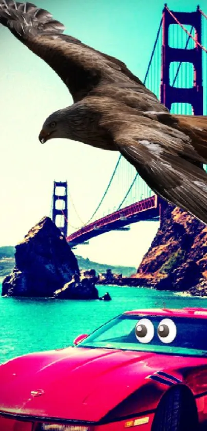 Eagle flying over Golden Gate Bridge with red car below.