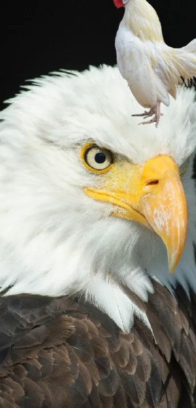 Majestic eagle with a chicken perched on its head, creating a unique wildlife art.