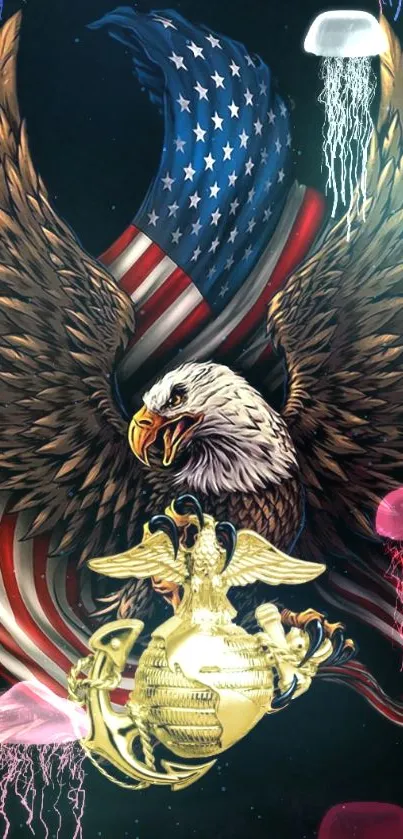 Eagle with American flag and marine emblem mobile wallpaper.