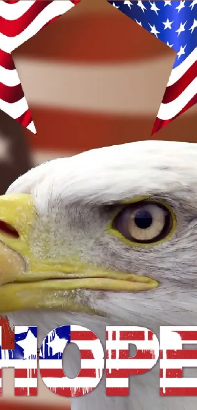 Bald eagle with American flags and 'Hope' text on a patriotic wallpaper.