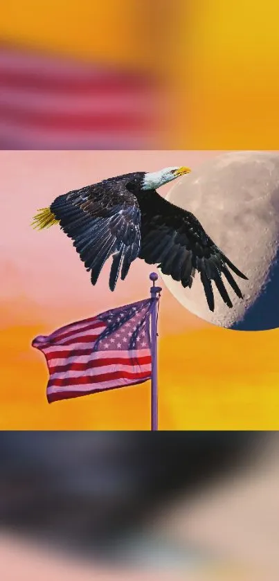 Eagle flies near moon with American flag below.