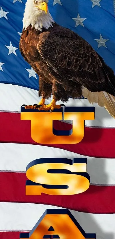 Bald eagle on USA text with American flag backdrop.