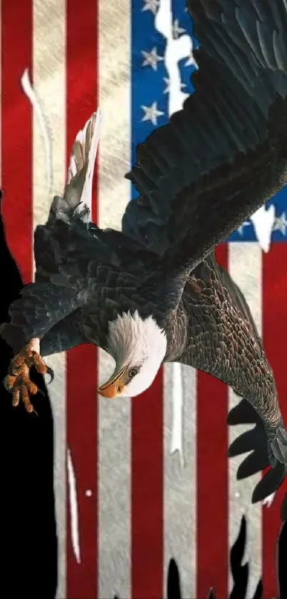 Majestic bald eagle over American flag design.