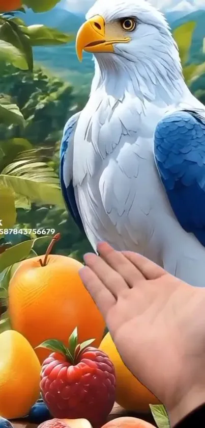 Eagle perched among vibrant fruits in nature.