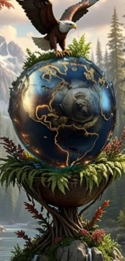 Eagle perched on a glowing globe in a lush forest scene.
