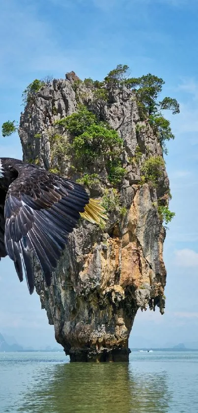 Majestic eagle flying over a rocky island with blue sky and water backdrop.