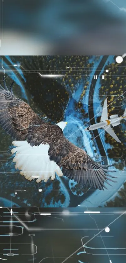 Eagle and jet in dynamic digital art wallpaper.