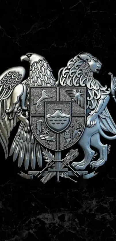 Regal emblem featuring an eagle and lion with a dark marble background.