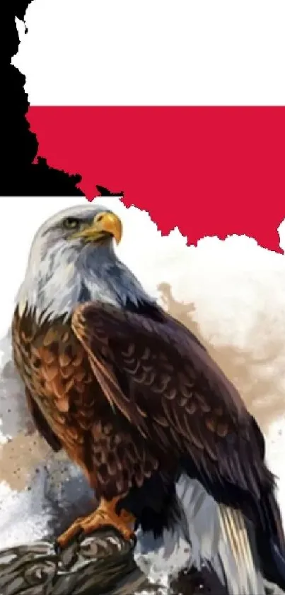 Eagle perched with Poland flag and map design on black background.