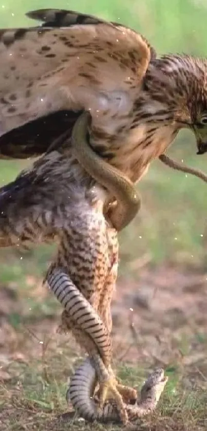 Eagle capturing a snake on grass, showcasing nature's fierce survival.