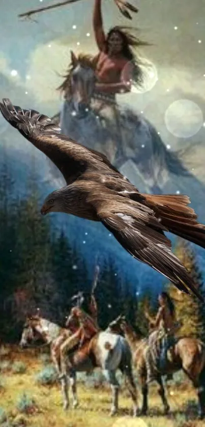 Eagle soaring over native warriors in forest scene wallpaper.