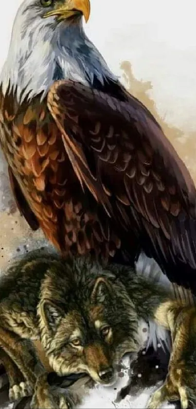 Artwork of an eagle and wolf in rich brown tones for mobile wallpaper.