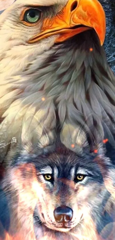 Eagle and wolf design on phone wallpaper background.