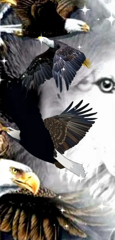 Eagle soaring in front of a wolf's face on a mobile wallpaper.