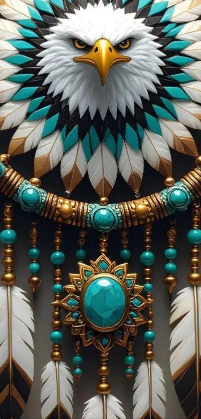 Eagle dreamcatcher art wallpaper with turquoise feathers and gold accents.
