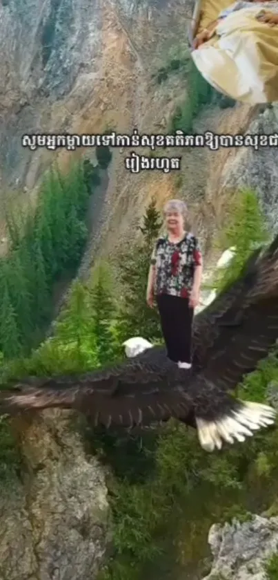 Eagle flying over a scenic mountain landscape with vibrant greenery.