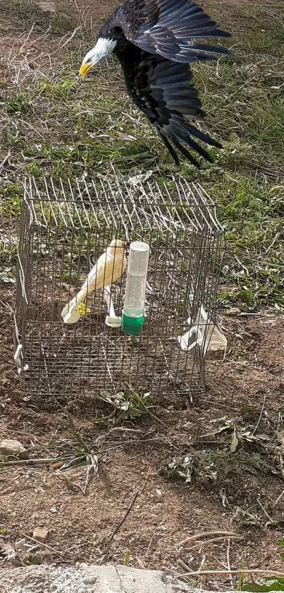 Majestic eagle flying over a bird cage in a natural setting.