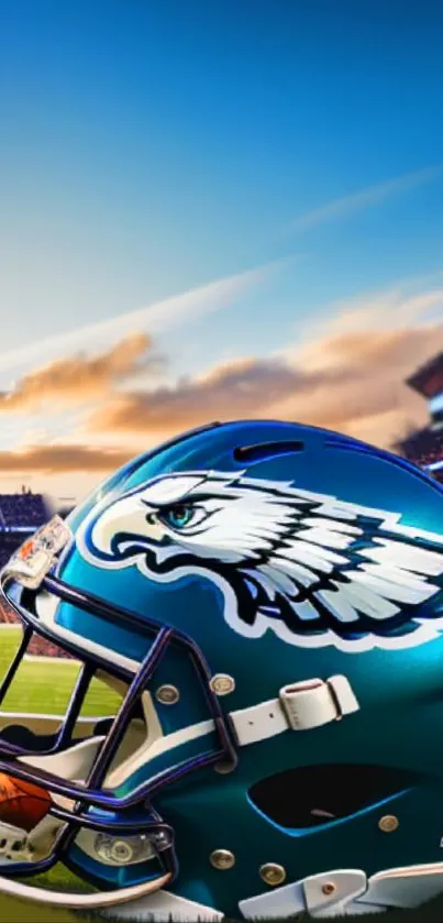 Eagle-themed football helmet on a field with stadium backdrop.