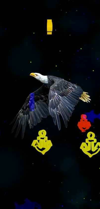 Eagle soaring through an abstract, colorful night sky with marine symbols.