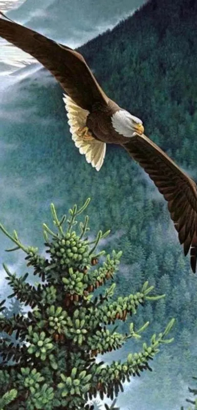 Majestic eagle flying over lush forest in stunning nature wallpaper.