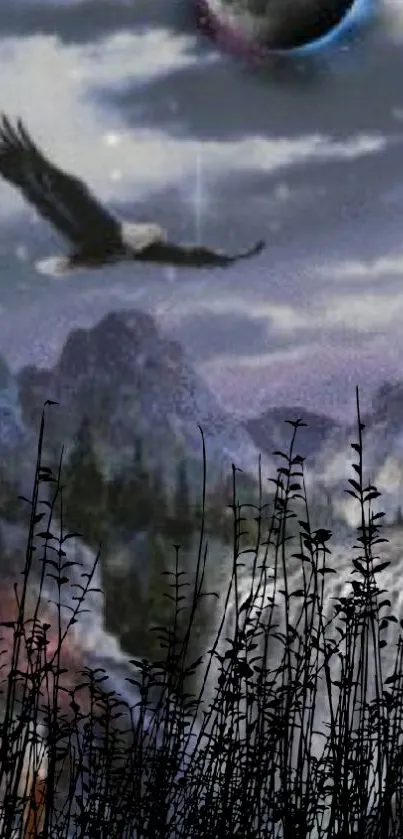 Eagle soaring over mystical mountains beneath a starry sky in serene wallpaper.