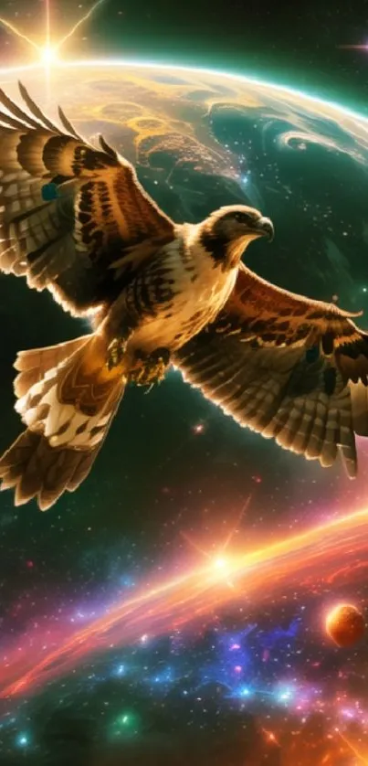 Eagle soaring through a vibrant space scene with planets and stars.