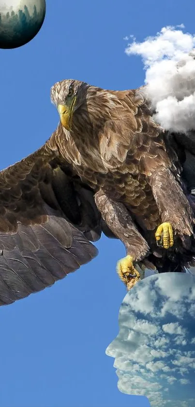 A majestic eagle soaring in a bright blue sky with clouds and a silhouette.