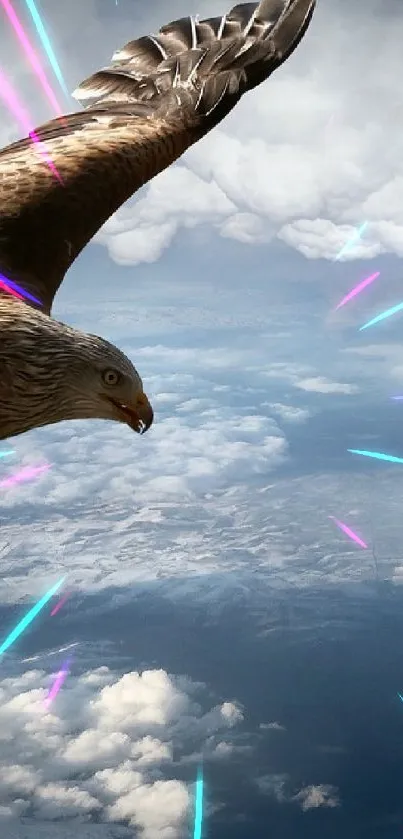 Majestic eagle soaring amidst clouds with neon streaks.