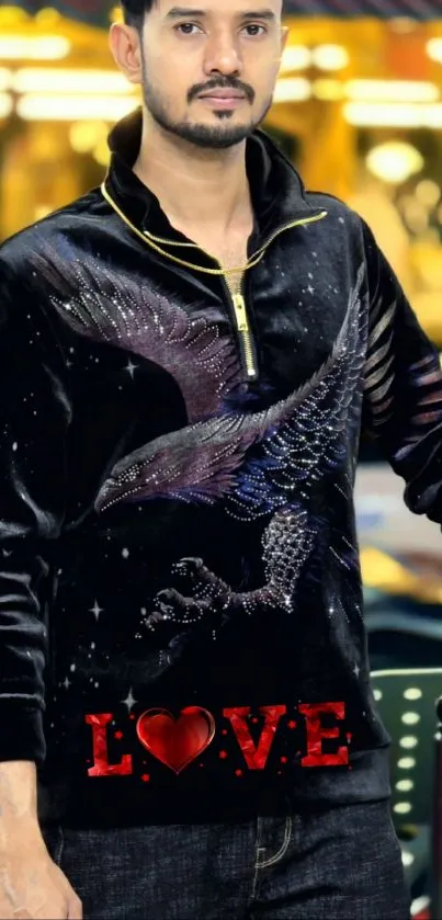 Person wearing a black jacket with an eagle design and the word 'LOVE'.