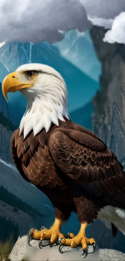 Majestic eagle perched with mountains and skies in the background.