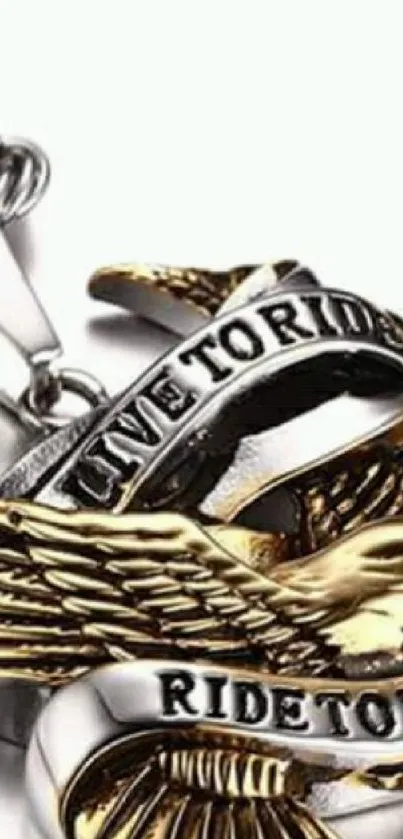 Gold and chrome eagle necklace with 'Live to Ride, Ride to Live' engraving.