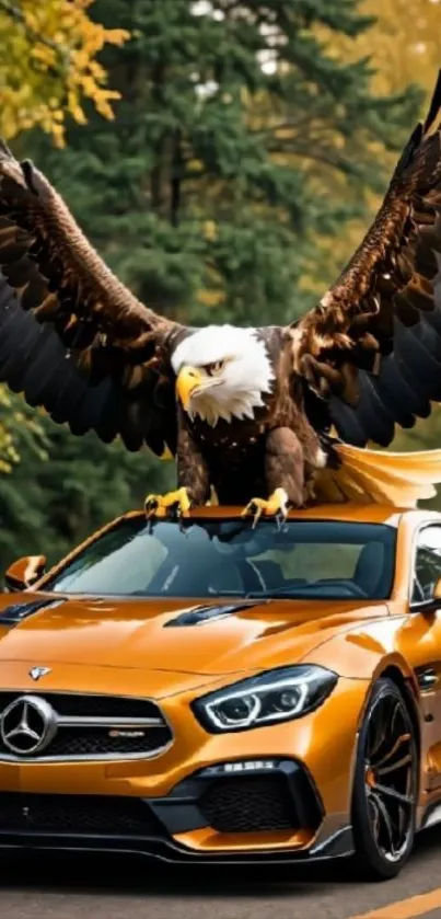 Eagle perched on a luxury golden car in a forest.