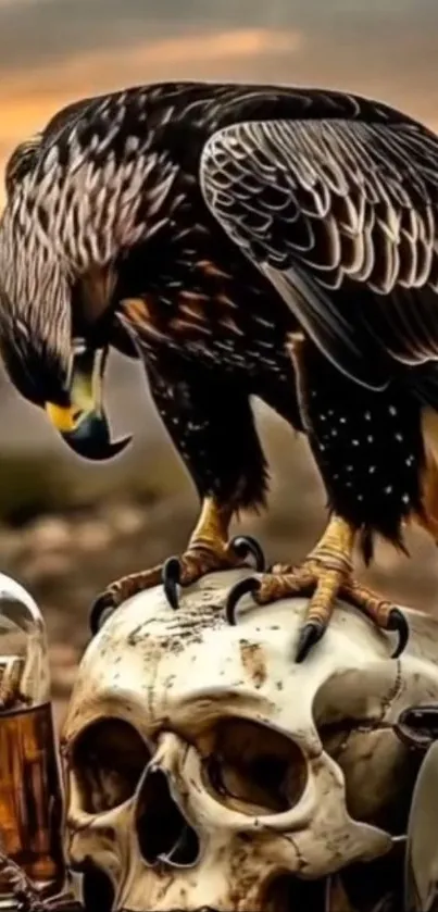 Eagle perched on a skull with a sunset background.